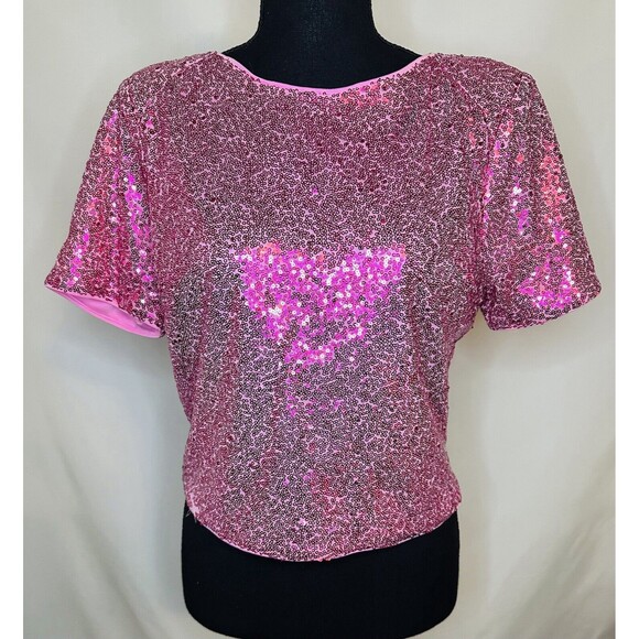 LUSH Barbiecore Pink Sequin Shoulder Pad Crop Short Sleeve Top MEDIUM‎ NWT - Picture 1 of 11
